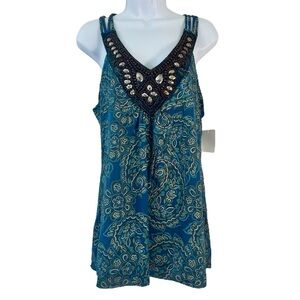 Y2K Beaded Embellished Fairycore Blue Green Paisley Tank Top L NWT